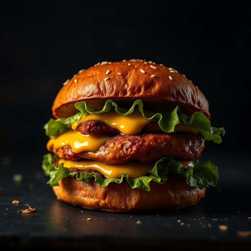 Tall crispy fried chicken zinger burger with melted cheese, lettuce and mayo in a sesame bun