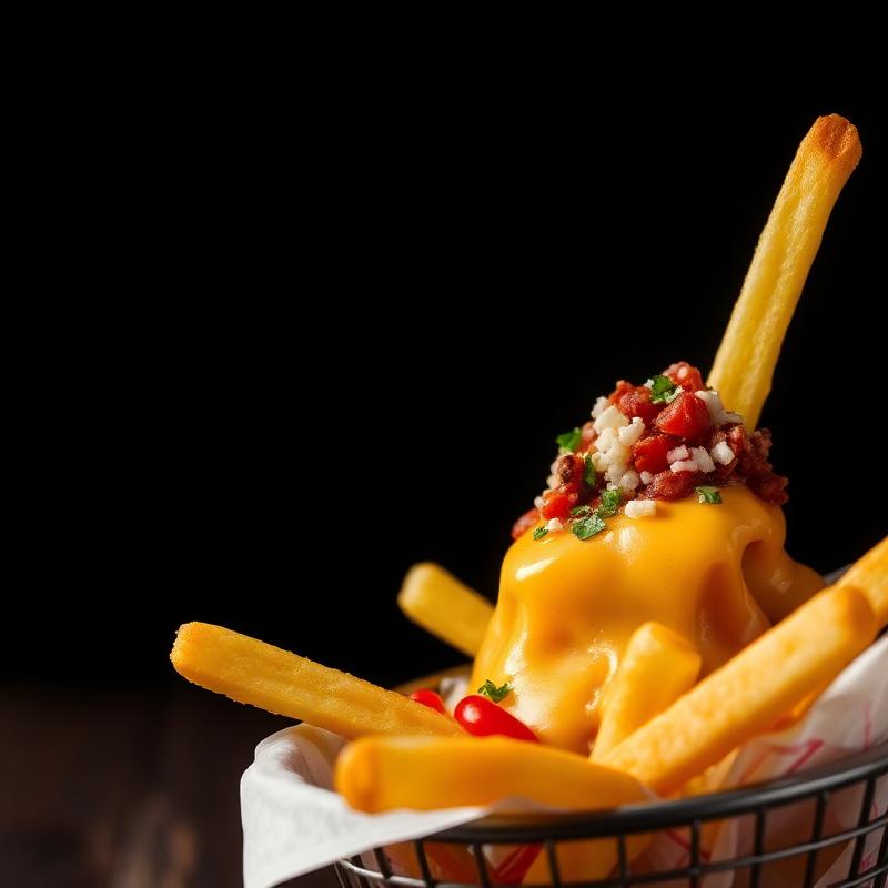 Loaded pizza fries topped with melted cheese, chicken chunks and garlic mayo drizzle