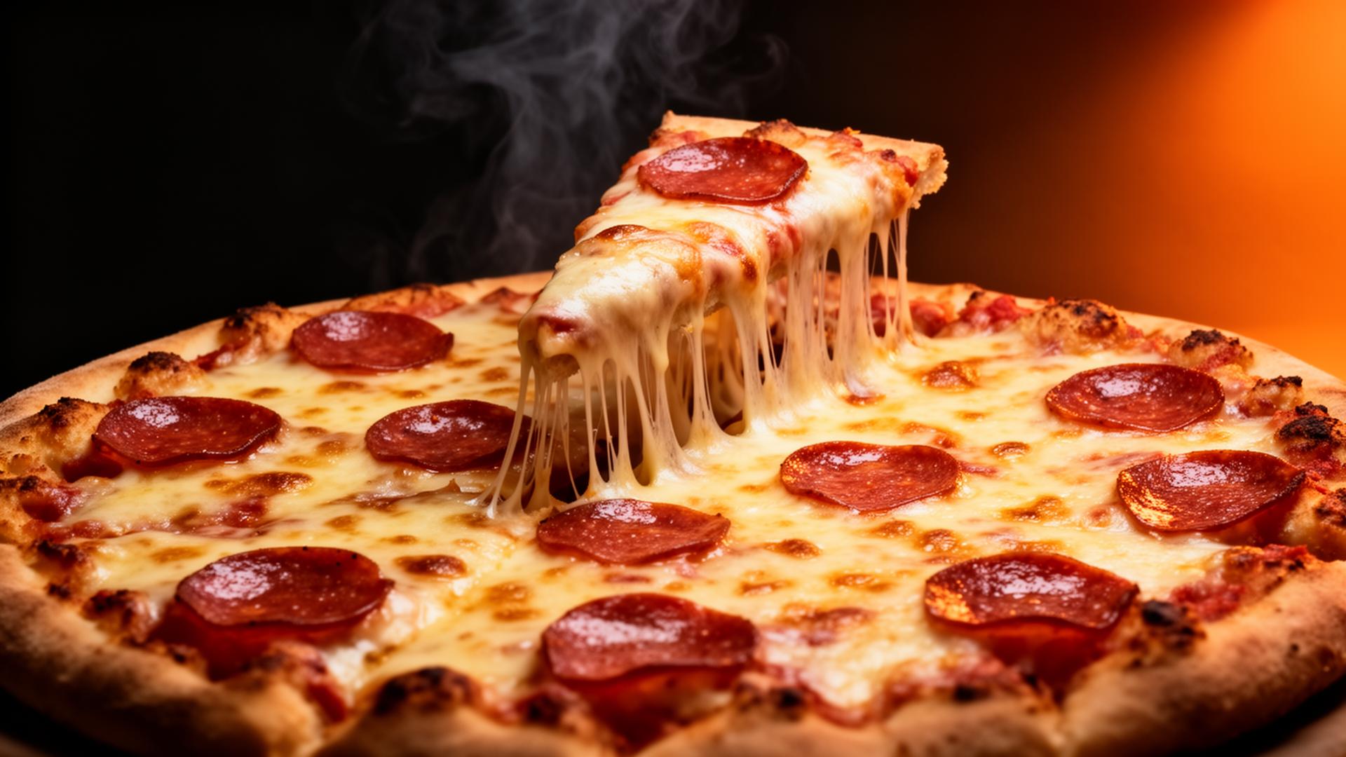 Steaming cheesy pepperoni pizza with a slice being lifted