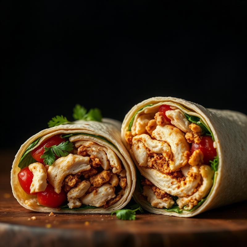 Chicken shawarma wrap sliced open showing grilled chicken, fries and creamy garlic sauce