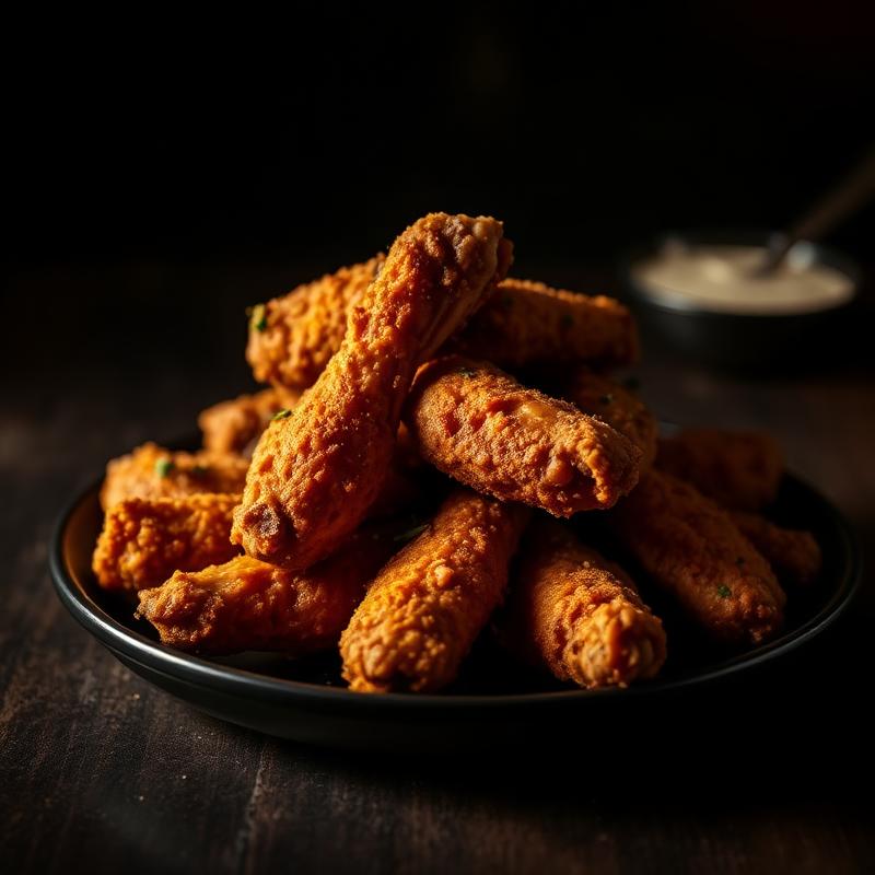 Basket of golden crispy chicken wings glazed in BBQ sauce with a dip on the side